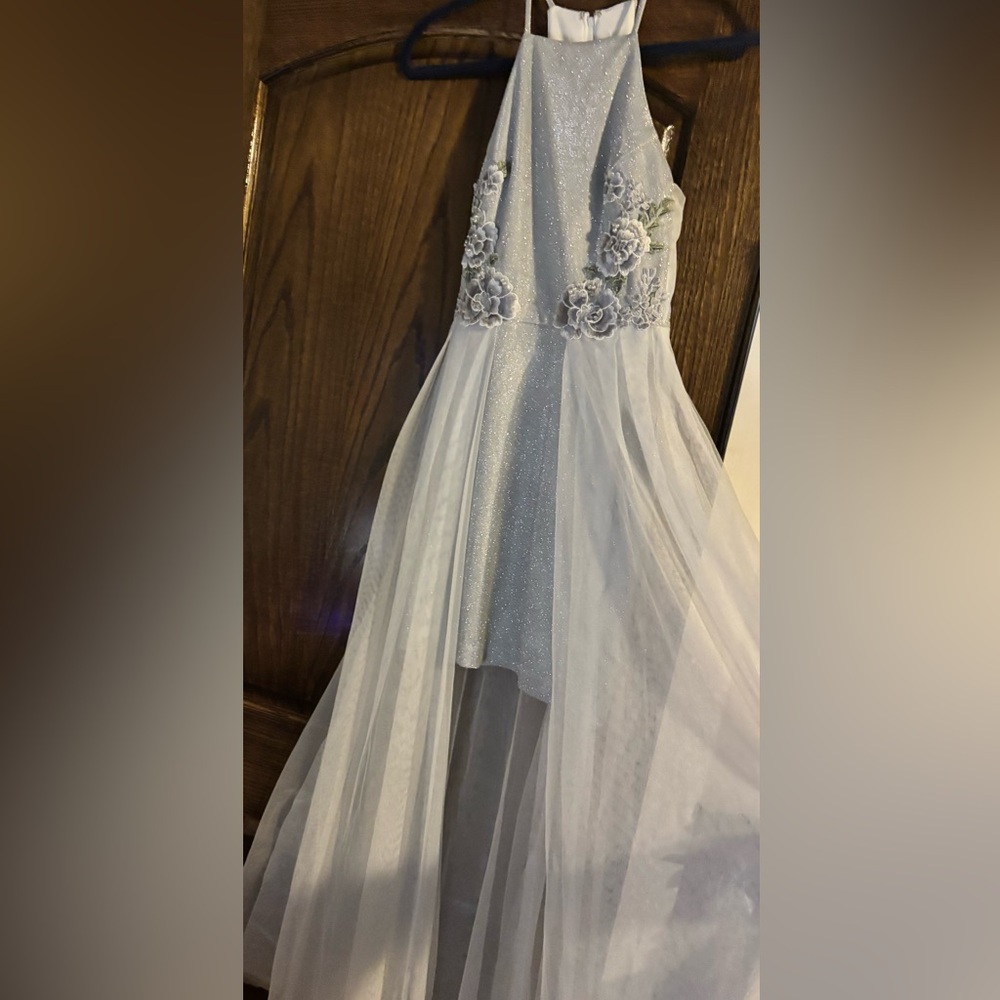 Social Couture Fairycore Shimmer Tulle Dress Silver Floral Halter NWT Size 1/2